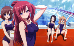 Rule 34 | 00s, 11eyes, 4girls, absurdres, arm up, barefoot, bird, black hair, blush, bow, brown eyes, brown hair, chain-link fence, competition school swimsuit, day, detexted, feet, fence, glasses, hara shouji, highres, hirohara yukiko, kusakabe misuzu, long hair, minase yuka, multiple girls, non-web source, official art, one-piece swimsuit, outdoors, penguin, perspective, pool, pool ladder, poolside, purple eyes, red hair, school swimsuit, short hair, stuffed animal, stuffed toy, sunlight, swimsuit, tachibana kukuri, third-party edit, twintails, very long hair, water