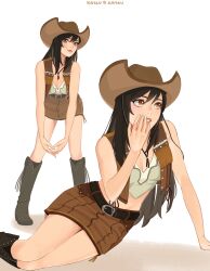 Rule 34 | 1girl, absurdres, artist name, bare arms, bare shoulders, belt, black belt, black hair, boots, breasts, brown footwear, brown hat, brown skirt, brown vest, cleavage, cowboy boots, cowboy hat, crisis core final fantasy vii, crop top, cropped vest, feet out of frame, final fantasy, final fantasy vii, fringe trim, full body, hair between eyes, hand to own mouth, hat, highres, katsuartsu, leaning forward, leather skirt, leather vest, long hair, looking at viewer, looking to the side, medium breasts, midriff, multiple views, official alternate costume, parted lips, red eyes, shirt, skirt, sleeveless, sleeveless shirt, solo, tifa lockhart, tifa lockhart (cowgirl), vest, white background, white shirt