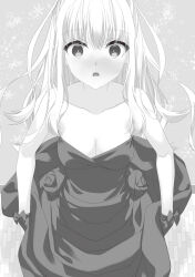 embarrassed hand_under_clothes hand_under_dress hidan_no_aria jeanne_d&#039;arc_(hidan_no_aria) long_hair monochrome novel_illustration official_art open_mouth sitting snowflakes strapless toilet toilet_use tube_top