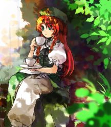 Rule 34 | 1girl, beret, braid, commentary request, cup, dappled sunlight, day, feet out of frame, green eyes, green hat, green shirt, green skirt, hat, hat ornament, highres, holding, hong meiling, kaigen 1025, long hair, outdoors, pants, puffy short sleeves, puffy sleeves, red eyes, red hair, saucer, shirt, short sleeves, sitting, skirt, solo, star (symbol), star hat ornament, sunlight, teacup, touhou, twin braids, white pants