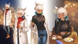 Rule 34 | 1girl, absurdres, animal ears, blush, boots, cake, cat ears, cat girl, cat tail, coat, unworn coat, coffee, collage, dark skin, denim, facial mark, final fantasy, final fantasy xiv, food, highres, hjz (artemi), jeans, looking at viewer, miqo&#039;te, pants, scarf, short hair, sweater, tail, white eyes, white hair, winter clothes, winter coat, y&#039;shtola rhul
