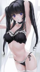 Rule 34 | 1girl, armpits, arms behind head, arms up, bare arms, black bra, black hair, black panties, blush, bra, breasts, choker, commentary, cowboy shot, cross, drill hair, empty eyes, frilled bra, frilled choker, frilled panties, frills, highres, long hair, medium breasts, mole, mole on armpit, mole on thigh, mole under mouth, navel, ompf, original, panties, parted lips, purple eyes, side-tie panties, sidelocks, solo, stomach, thighhighs, twin drills, underwear, white thighhighs, wide-eyed