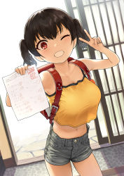 Rule 34 | 1girl, ;), backlighting, backpack, bag, black hair, breasts, camisole, cleavage, clenched teeth, contrapposto, cowboy shot, crop top, crop top overhang, grey shorts, grin, hanamaru, highres, holding, holding paper, kaedeko (kaedelic), large breasts, looking at viewer, midriff, navel, one eye closed, oppai loli, original, paper, randoseru, red eyes, sasaki kanna (kaedeko), short hair, short shorts, shorts, shouji, sliding doors, smile, solo, standing, taut clothes, teeth, academic test, test score, thighs, twintails, v, yellow camisole