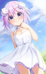 Rule 34 | 1girl, absurdres, bare arms, bare shoulders, bimmy, blue sky, blush, breasts, choujigen game neptune, closed mouth, cloud, collarbone, commentary, d-pad, d-pad hair ornament, day, dress, frilled dress, frills, hair between eyes, hair ornament, hand up, highres, neptune (neptunia), neptune (series), outdoors, pink hair, purple eyes, sky, sleeveless, sleeveless dress, small breasts, smile, solo, standing, white dress
