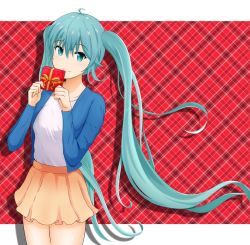 Rule 34 | 1girl, ahoge, blouse, blue eyes, blue hair, blue jacket, bow, box, casual, closed mouth, collarbone, cowboy shot, floating hair, gift, gift box, hair between eyes, hatsune miku, holding, holding bow (ornament), jacket, long hair, long sleeves, looking at viewer, miniskirt, open clothes, open jacket, shirt, skirt, smile, solo, standing, very long hair, vocaloid, white shirt, yellow skirt, yousui
