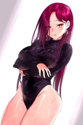 Rule 34 | 1girl, alternate breast size, black sweater, breasts, covered navel, hair between eyes, head tilt, heattech leotard, highres, jewelry, large breasts, leotard, lips, long hair, long sleeves, looking at viewer, love live!, love live! sunshine!!, open mouth, pink hair, sakurauchi riko, simple background, solo, sunlight, sweat, sweater, tem10, thighs, turtleneck, turtleneck sweater, wide hips, yellow eyes