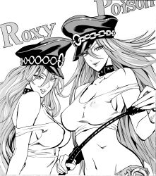 Rule 34 | 2girls, absurdres, breasts, character name, choker, final fight, from side, greyscale, hat, highres, licking lips, long hair, medium breasts, midriff, monochrome, multiple girls, murata yuusuke, navel, poison (final fight), riding crop, roxy (final fight), see-through, tank top, tongue, tongue out, upper body, very long hair, white background