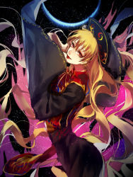 Rule 34 | 1girl, black dress, blonde hair, chinese clothes, dress, eclipse, hat, highres, junko (touhou), legacy of lunatic kingdom, lipstick, long hair, long sleeves, looking at viewer, makeup, red eyes, solo, tabard, tian (my dear), touhou, very long hair, wide sleeves