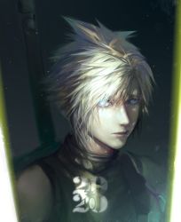 Rule 34 | 1boy, armor, blonde hair, blue hair, buster sword, cloud strife, dated, final fantasy, final fantasy vii, final fantasy vii remake, hair between eyes, highres, looking at viewer, male focus, riio, shaded face, short hair, shoulder armor, sleeveless, sleeveless turtleneck, solo, spiked hair, suspenders, turtleneck, upper body, weapon, weapon on back