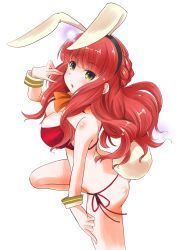 Rule 34 | 1girl, absurdres, animal ears, ascot, bikini, blunt bangs, braid, commentary request, cowboy shot, de ruyter (kancolle), highres, kantai collection, long hair, looking at viewer, one-hour drawing challenge, orange ascot, rabbit ears, rabbit girl, rabbit tail, red bikini, red hair, side-tie bikini bottom, side braid, simple background, solo, standing, standing on one leg, swimsuit, tail, taisinkoku, thong, thong bikini, white background, wrist cuffs
