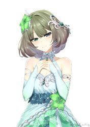 Rule 34 | 1girl, 714 (leg200kr), bare shoulders, blue eyes, blush, breasts, brown hair, collarbone, commentary request, detached sleeves, dress, flower, green eyes, green flower, hair flower, hair ornament, heterochromia, idolmaster, idolmaster cinderella girls, idolmaster cinderella girls starlight stage, jewelry, long sleeves, looking at viewer, medium breasts, mole, mole under eye, short hair, simple background, smile, solo, takagaki kaede, white background, white sleeves