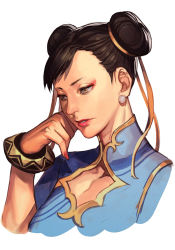 Rule 34 | 1girl, blue dress, bracelet, brown eyes, brown hair, capcom, china dress, chinese clothes, chun-li, double bun, dress, earrings, hair bun, hair ribbon, hand on own face, hungry clicker, jewelry, nail polish, portrait, ribbon, short bangs, short sleeves, solo, street fighter, street fighter 6, white background