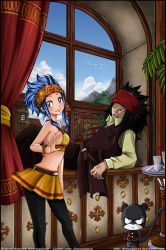 Rule 34 | 1boy, 1girl, black hair, blue hair, cat, fairy tail, gajeel redfox, levy mcgarden, looking at viewer, midriff, pantherlily, pantyhose, standing, window