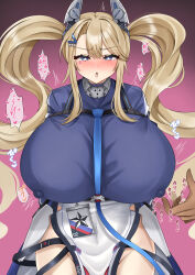 Rule 34 | 1girl, 1other, absurdres, arms behind back, azur lane, blonde hair, blue shirt, blush, breasts, covered erect nipples, cropped legs, gradient background, guam (azur lane), hair intakes, hair ornament, hairclip, half-closed eyes, headgear, highres, huge breasts, long hair, nipple flick, nipple stimulation, open mouth, pelvic curtain, shirt, simple background, solo focus, star-shaped pupils, star (symbol), symbol-shaped pupils, twintails, very long hair, zawashi (zawashio1013)