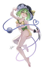 1girl absurdres bare_legs barefoot bikini green_eyes green_hair hat highres holding holding_knife knife komeiji_koishi legs solo striped_bikini striped_clothes swimsuit tadano1129 touhou white_background