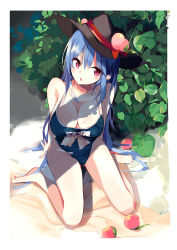 Rule 34 | 1girl, bare legs, bare shoulders, barefoot, black hat, blue hair, breasts, cleavage, collarbone, day, food, fruit, hat, hat ribbon, hinanawi tenshi, large breasts, long hair, looking at viewer, mole, mole on breast, peach, red eyes, red ribbon, ribbon, school swimsuit, sitting, solo, swimsuit, tetsurou (fe+), touhou, very long hair, wariza