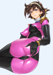 Rule 34 | 1girl, ass, blue eyes, bodysuit, breasts, brown hair, cameltoe, clenched teeth, covered anus, earrings, covered erect nipples, g gundam, gundam, highres, jewelry, looking at viewer, mobile trace suit, rain mikamura, short hair, simple background, solo, spread anus under clothes, sweatdrop, teeth, ts422, white background