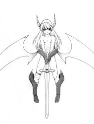 Rule 34 | 1girl, boots, collarbone, covering privates, covering crotch, demon girl, demon wings, flat chest, full body, gauntlets, graphite (medium), greyscale, harumachi nagaaki, horns, long hair, monochrome, navel, nipples, nude, original, simple background, solo, sword, traditional media, weapon, wings