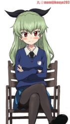 Rule 34 | 10s, 1girl, alternate hairstyle, anchovy (girls und panzer), artist name, assam, assam (cosplay), assam (girls und panzer), black footwear, black necktie, black pantyhose, black ribbon, blue skirt, blue sweater, chair, closed mouth, commentary, cosplay, crossed arms, crossed legs, dress shirt, emblem, girls und panzer, green hair, hair ribbon, kayabakoro, long hair, long sleeves, looking at viewer, miniskirt, necktie, one-hour drawing challenge, pantyhose, pleated skirt, red eyes, ribbon, school uniform, shirt, shoes, simple background, sitting, skirt, smile, solo, st. gloriana&#039;s (emblem), st. gloriana&#039;s school uniform, sweater, twitter username, v-neck, white background, white shirt, wing collar