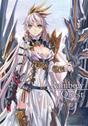 Rule 34 | 1girl, armor, blood, breasts, claws, cleavage, gauntlets, green eyes, hair ornament, long hair, original, pink hair, ran&#039;ou (tamago no kimi), see-through, solo, thighhighs, weapon