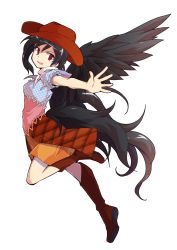 Rule 34 | 1girl, alphes (style), bandana, black hair, black wings, boots, brown footwear, commentary request, cowboy hat, dairi, feathered wings, from side, full body, hat, highres, horse tail, kurokoma saki, legs up, long hair, looking at viewer, multicolored shirt, open mouth, orange skirt, outstretched arm, parody, ponytail, red eyes, red hat, short sleeves, skirt, smile, solo, style parody, tachi-e, tail, touhou, transparent background, very long hair, white bandana, white neckwear, wings