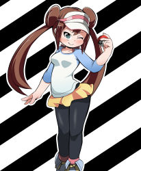 Rule 34 | 1girl, ;), abarai (abarabone), arm at side, bad id, bad pixiv id, black background, black pantyhose, blue eyes, blue footwear, blush, breasts, bright pupils, brown hair, closed mouth, creatures (company), double bun, game freak, hair bun, highres, holding, holding poke ball, legs together, long hair, long sleeves, looking at viewer, microskirt, nintendo, one eye closed, pantyhose, poke ball, poke ball (basic), pokemon, pokemon bw2, raglan sleeves, rosa (pokemon), shirt, shoes, shorts, sidelocks, simple background, skirt, small breasts, smile, solo, standing, twintails, very long hair, visor cap, white background, wink, yellow skirt
