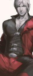 Rule 34 | 1boy, bara, belt, bishounen, blue eyes, breasts, cleavage, coat, dante (devil may cry), devil may cry, devil may cry (series), devil may cry 4, facial hair, greyscale, highres, large pectorals, lips, looking at viewer, lykke, male focus, mature male, monochrome, multiple belts, muscular, muscular male, nose, pants, pectorals, photorealistic, realistic, red coat, simple background, smile, solo, spot color, toned, trench coat, upper body, white hair