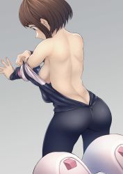 Rule 34 | 1girl, absurdres, ass, back, back focus, backboob, backless outfit, bare back, boku no hero academia, breasts, brown hair, butt crack, commentary request, cowboy shot, dressing, from behind, gradient background, grey background, highres, kobaji, long sleeves, looking down, no bra, short hair, skin tight, solo, uraraka ochako, zipper