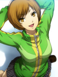 Rule 34 | 1girl, atlus, brown eyes, brown hair, female focus, hairu, hands on own head, open mouth, persona, persona 4, satonaka chie, short hair, solo