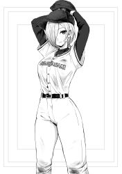 Rule 34 | 1girl, absurdres, alternate breast size, arms up, baseball glove, baseball uniform, belt, breasts, dirty, dirty clothes, dirty face, greyscale, hair over one eye, hat, highres, hisame sui, holding, large breasts, looking at viewer, love live!, love live! nijigasaki high school idol club, mia taylor, monochrome, parted lips, pitcher (container), short hair, solo, sportswear, standing