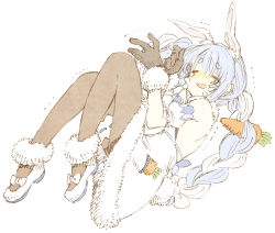 Rule 34 | 1girl, abara heiki, animal ears, arm garter, black gloves, bow, bridal garter, carrot hair ornament, closed eyes, coat, crying, food-themed hair ornament, footwear bow, full body, fur-trimmed gloves, fur trim, gloves, hair ornament, hololive, hololive fantasy, open mouth, pantyhose, rabbit ears, shoes, short eyebrows, simple background, solo, thick eyebrows, trembling, usada pekora, usada pekora (1st costume), virtual youtuber, wavy mouth, white background, white coat
