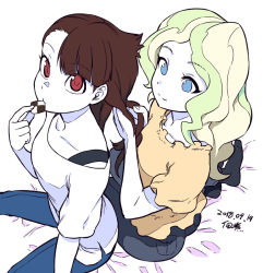 Rule 34 | 2girls, blue eyes, blue pants, bra strap, braiding hair, brown hair, checkerboard cookie, cookie, dated, diana cavendish, eating, food, green hair, grey pants, hairdressing, kagari atsuko, limited palette, little witch academia, multicolored hair, multiple girls, pants, red eyes, shirt, signature, simple background, sitting, smile, tsukudani (coke-buta), two-tone hair, white background, white shirt, yellow shirt, yuri