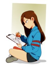 Rule 34 | 1girl, black shorts, blue eyes, blue sweater, borrowed character, brown hair, clipboard, commission, drawing, from side, full body, highres, indian style, jcm2, kit (jcm2), lisa loud, long hair, original, pencil, profile, serious, shoes, short shorts, shorts, simple background, sitting, sketching, sneakers, solo, sweater, the loud house, white background
