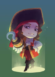 Rule 34 | 1girl, a-ka, bandana, black footwear, black gloves, boots, chibi, closed mouth, disney, disneyland, full body, gloves, hand on own hip, hat, hock, hook hand, juliet sleeves, long hair, long sleeves, looking at viewer, pirate, pirate hat, puffy sleeves, recruiters (disney), smile, solo, solo focus, wavy hair