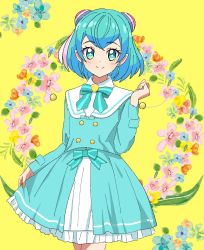 Rule 34 | 1girl, antennae, aqua bow, aqua dress, aqua eyes, aqua hair, arm up, bare legs, bow, bowtie, clothes pull, cowboy shot, dress, dress pull, fashion, floral background, flower request, frilled dress, frills, hagoromo lala, hair ornament, heart, heart hair ornament, highres, kousuke0912, looking at viewer, multicolored hair, pink hair, pointy ears, precure, sailor collar, short hair, simple background, single stripe, smile, solo, star-shaped pupils, star (symbol), star in eye, star twinkle precure, streaked hair, striped bow, striped bowtie, striped clothes, striped neckwear, symbol-shaped pupils, symbol in eye, two-tone dress, white dress, white hair, white sailor collar, yellow background