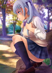 Rule 34 | 1girl, bench, blue eyes, blue hair, looking down, lunalu9, original, outdoors, park, peeing, public indecency, puddle, school uniform, solo, squatting, twintails