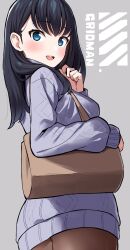 Rule 34 | 1girl, absurdres, bag, black hair, blue eyes, blush, breasts, dress, grey background, grey sweater, gridman universe, highres, holding, holding bag, long hair, long sleeves, looking at viewer, medium breasts, open mouth, pantyhose, ribbed sweater, smile, solo, ssss.gridman, sweater, sweater dress, takarada rikka, totoki86, turtleneck, turtleneck sweater