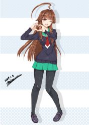 Rule 34 | 1girl, ahoge, alternate costume, bad id, bad pixiv id, black footwear, black legwear, brown hair, dated, hair intakes, heart, heart hands, highres, huge ahoge, kantai collection, kuma (kancolle), loafers, long hair, looking at viewer, mitsuru (habihapi), one eye closed, pleated skirt, red eyes, red neckwear, sailor collar, shoes, signature, simple background, skirt, smile, solo