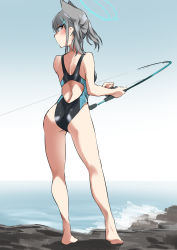 Rule 34 | 1girl, absurdres, animal ears, ass, back, bare shoulders, barefoot, blue archive, blush, breasts, cat ears, competition swimsuit, fishing rod, fukuinu, grey hair, hair ornament, hairclip, halo, highres, ocean, one-piece swimsuit, shiroko (blue archive), shiroko (swimsuit) (blue archive), solo, swimsuit, twintails
