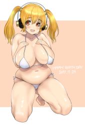 Rule 34 | 1girl, belly, bikini, blonde hair, blush, breast suppress, breasts, cleavage, dated, full body, hair between eyes, headphones, highres, kneeling, large breasts, legs apart, looking at viewer, navel, nitroplus, open mouth, plump, red eyes, side-tie bikini bottom, skindentation, smile, solo, soranakaame, stomach, super pochaco, swimsuit, thighs, twintails, white bikini