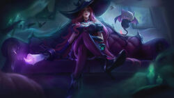 Rule 34 | 1girl, absurdres, bewitching miss fortune, candle, corset, hat, high heels, highres, league of legends, miss fortune (league of legends), non-web source, purple thighhighs, thighhighs, witch hat