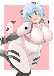 Rule 34 | 1girl, alternate body size, ayanami rei, black footwear, blue hair, blush, bodysuit, border, breasts, commentary request, corrupted twitter file, dot nose, feet out of frame, grey tail, hair between eyes, head tilt, highres, large breasts, leaning forward, looking at viewer, neon genesis evangelion, open hand, open mouth, outside border, outstretched arm, pilot suit, pink background, plugsuit, plump, red eyes, simple background, solo, tareme, thick thighs, thighs, toyishiki shizuoka, white bodysuit, white border