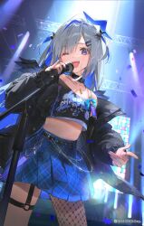 Rule 34 | 1girl, ;d, alternate costume, amane kanata, bare shoulders, belt, black choker, black jacket, black shirt, blue skirt, choker, colored inner hair, cowboy shot, crop top, crop top overhang, dsmile, fishnet pantyhose, fishnets, grey hair, hair ornament, hairclip, highres, holding, hololive, jacket, jewelry, long hair, long sleeves, looking at viewer, microphone, midriff, miniskirt, multicolored hair, nail polish, necklace, off shoulder, one eye closed, open clothes, open jacket, open mouth, pantyhose, plaid, plaid skirt, pleated skirt, puffy sleeves, purple eyes, shirt, single leg pantyhose, skirt, sleeveless, sleeveless shirt, smile, solo, star (symbol), star hair ornament, thigh strap, virtual youtuber