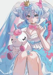Rule 34 | 1girl, bandaid, bandaid on knee, bandaid on leg, blue bow, blue dress, blue eyes, blue hair, bow, bowtie, commentary, crown, dress, grey background, hair between eyes, hair bow, hair ornament, hairclip, hand up, hatsune miku, heart, heart hair ornament, highres, holding, holding stuffed toy, knees, knees up, long hair, looking at viewer, mini crown, multicolored hair, parted lips, petticoat, pink bow, pink bowtie, pink hair, pinky out, puffy short sleeves, puffy sleeves, see-through, see-through sleeves, short sleeves, simple background, sitting, solo, stuffed animal, stuffed toy, stuffed unicorn, twintails, two-tone hair, vocaloid, yukihira makoto