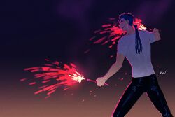 Rule 34 | 1boy, adam&#039;s apple, cu chulainn (fate), earrings, embers, fate/stay night, fate (series), feet out of frame, fireworks, from side, hal (haaaalhal), holding, holding fireworks, jewelry, long hair, male focus, ponytail, red eyes, shirt, short sleeves, solo, teeth, toned, toned male, upper teeth only, white shirt