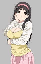 Rule 34 | 10s, 1girl, adachi eiko, amagi brilliant park, black hair, blush, breasts, brown eyes, cleavage, cleavage cutout, clothing cutout, hairband, hand on own cheek, hand on own face, highres, large breasts, long hair, looking at viewer, meme attire, open-chest sweater, open mouth, simple background, solo, sweater, turtleneck, yoshiki360