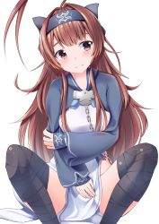 Rule 34 | 1girl, ahoge, ainu clothes, bad id, bad pixiv id, black thighhighs, brown eyes, brown hair, chain, cosplay, hamalu, headband, highres, kamoi (kancolle), kamoi (kancolle) (cosplay), kantai collection, kuma (kancolle), long hair, long sleeves, simple background, solo, thighhighs, white background