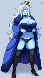 Rule 34 | 1girl, absurdres, adventure time, blue skin, blue skirt, cleft of venus, clothes lift, colored skin, crown, dress, dress lift, genderswap, genderswap (mtf), high heels, highres, ice queen (adventure time), jmg, kneehighs, panties, sharp teeth, shiny clothes, shiny skin, skirt, socks, teeth, thick thighs, thighhighs, thighs, thong, underwear, upskirt