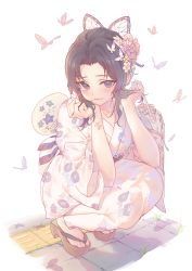 Rule 34 | 1girl, absurdres, animal, black hair, blush, brown footwear, bug, butterfly, butterfly hair ornament, closed mouth, commentary, floral print, flower, full body, hair flower, hair ornament, hand fan, hands up, highres, holding, insect, japanese clothes, kimetsu no yaiba, kimono, kinchaku, kochou shinobu, looking at viewer, paper fan, parted bangs, pink flower, pouch, print kimono, purple eyes, sandals, short sleeves, smile, solo, squatting, too many, too many butterflies, torano, white background, white flower, white kimono, wide sleeves, zouri