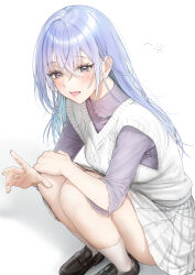 Rule 34 | 1girl, bare legs, black footwear, blue hair, blush, breasts, hand on own knee, highres, idolmaster, idolmaster shiny colors, loafers, looking at viewer, medium breasts, mochirohan, pleated skirt, purple eyes, purple shirt, shirt, shoes, skirt, smile, socks, solo, squatting, suzuki hana, vest, white skirt, white socks, white vest